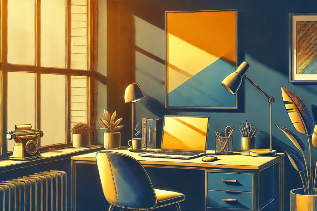 There is a distraction free desktop in yellow and blue representing a space suitable for high productivity after you kill distractions.