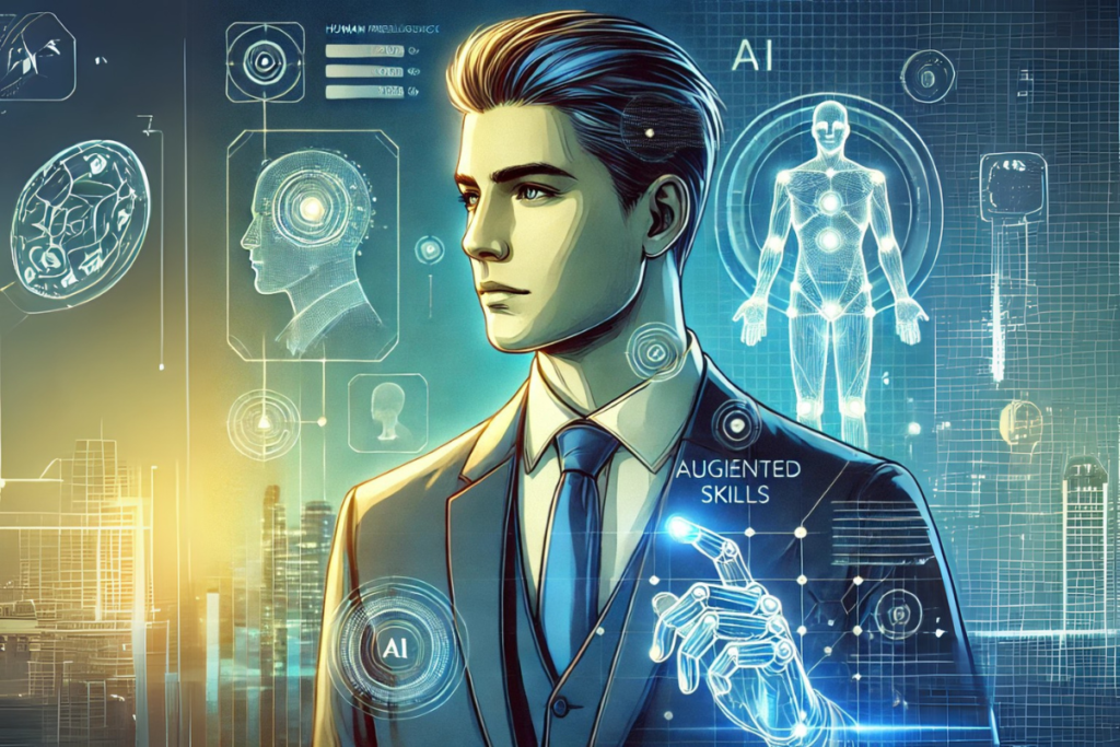 A young professional leveraging AI to get more done in a futuristic augmented reality picture.
