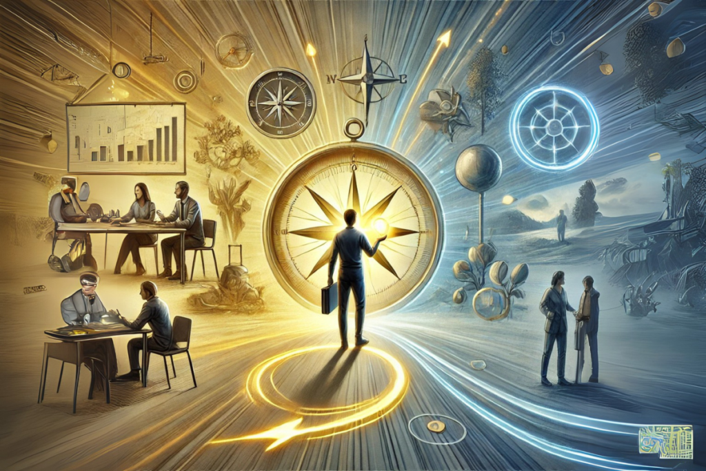Illustration with the person holding the glowing compass in their hand, surrounded by various scenarios symbolizing adaptability and situational awareness.