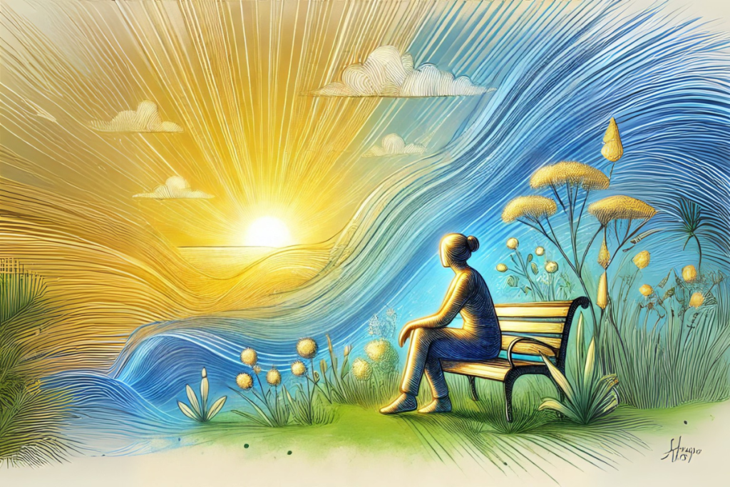 A woman sitted in a bench in the nature watching the sunset as a hint that breaking chronic irritability and anxiety is possible.