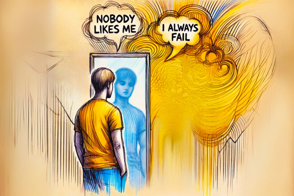 Sketched illustration of a person standing before a mirror, with negative self-perception, trying to handle cognitive distortions