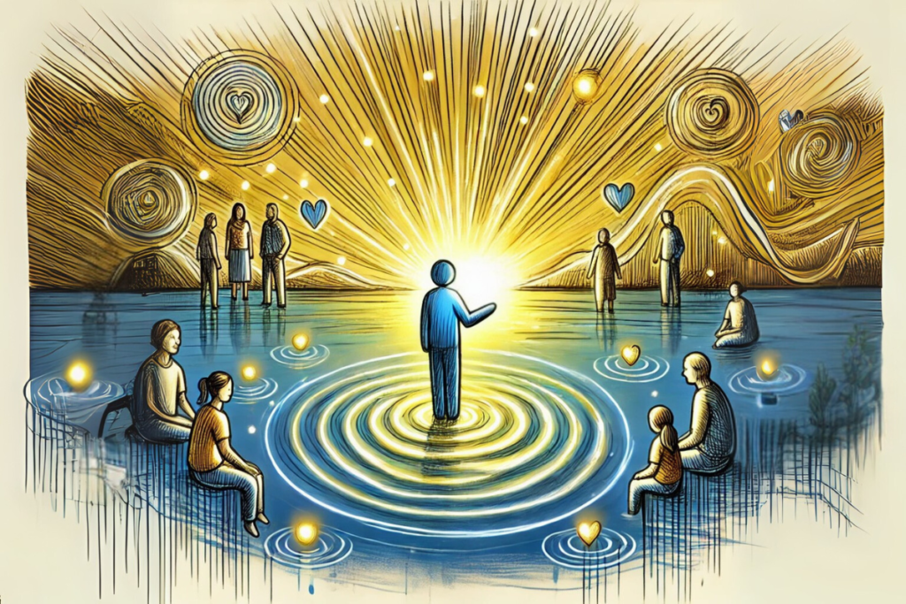 Sketched illustration of a person standing on a glowing ripple in a calm lake, symbolizing the impact of their actions spreading outward, with groups of people and abstract waves of yellow and blue representing interconnectedness.
