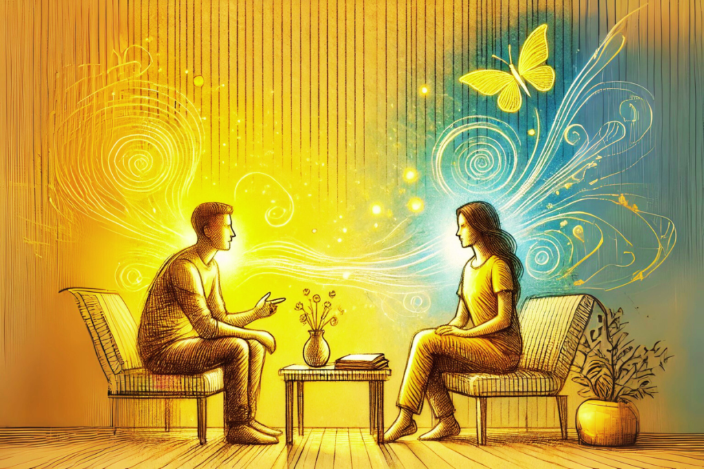 Warm and inviting illustration symbolizing empathy and emotional connection, crafted with the specified elements of emotional intelligence and glowing yellow and blue waves of understanding.