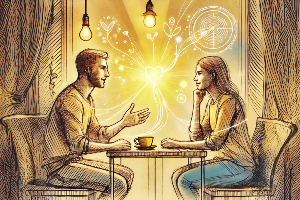 Sketched scene of two individuals engaged in a calm and understanding conversation at a cozy café table, with warm tones and symbols emphasizing effective communication and emotional connection.