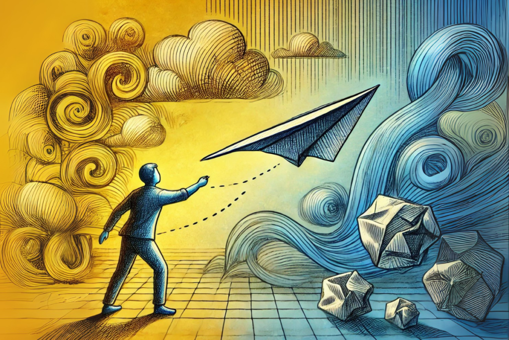 Sketched illustration of a person releasing a paper airplane toward an open, harmonious horizon, symbolizing adaptability and emotional intelligence.