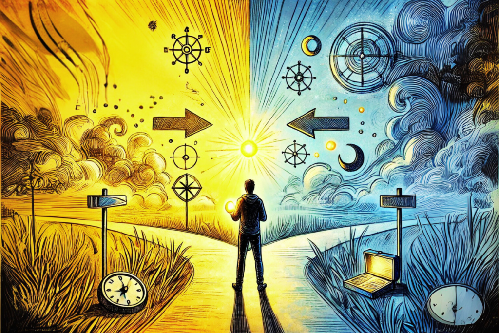 Sketched scene depicting a person at a crossroads, thoughtfully contemplating two diverging paths, symbolizing impulsivity and thoughtful decision-making.