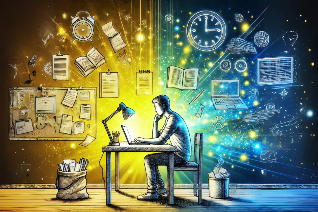 Sketched image of a person deeply focused at a tidy desk, surrounded by glowing symbols of clarity and fading distractions, with a calm yet vibrant atmosphere emphasizing focus and productivity.