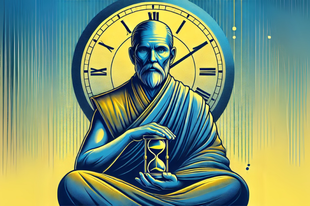 Monk holding a sand watch with a large clock in the background, symbolizing mastery over time through effective time management.