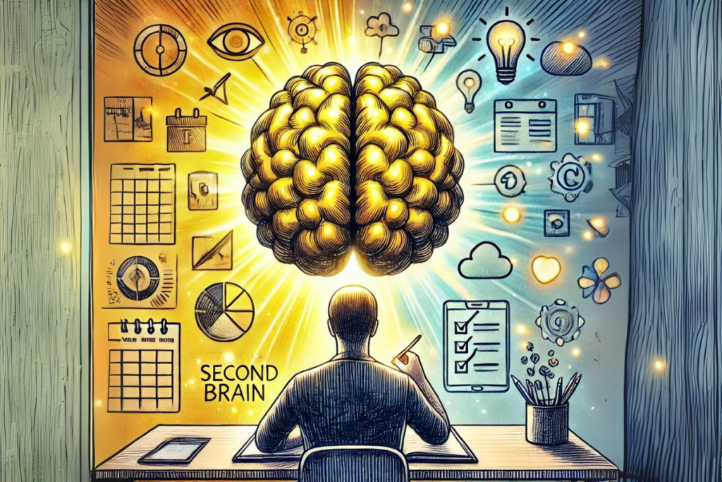 Sketched image representing the concept of a person sitting at a desk with two glowing brains, symbolizing focus and productivity through the "Second Brain" idea.