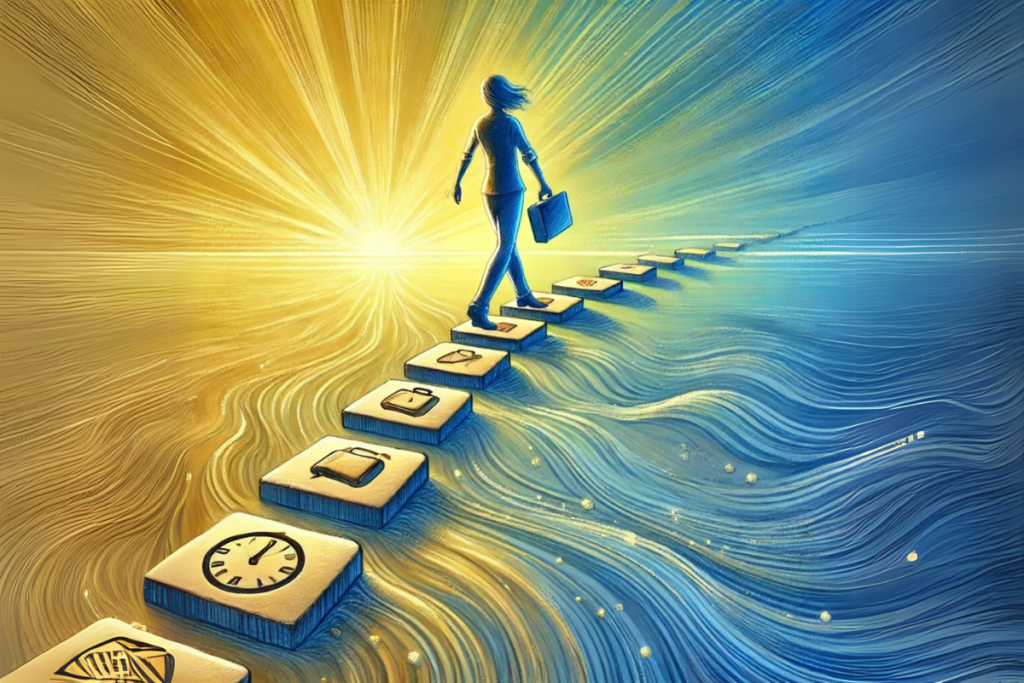 Sketched scene of a person gracefully walking across a series of stepping stones over a calm river, with symbols of life’s transitions glowing in shades of yellow and blue.