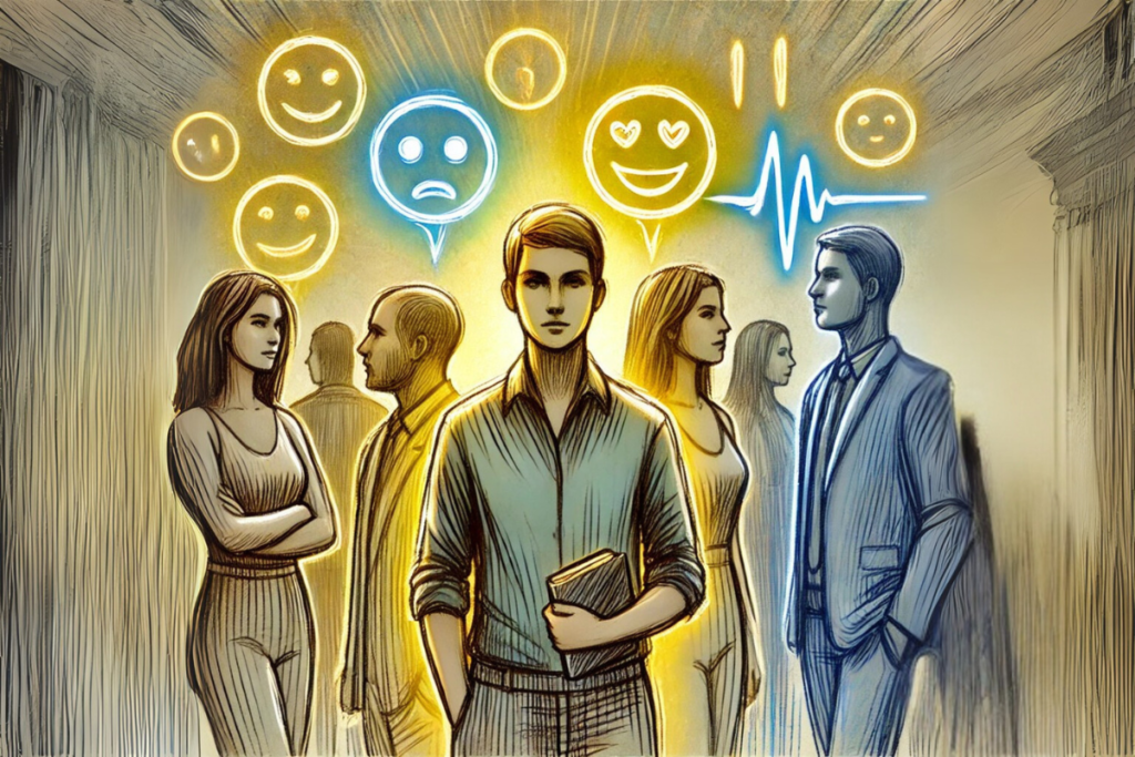 Sketched illustration of a lively social gathering, highlighting the central figure thoughtfully observing and interpreting social cues, symbolizing mindfulness and social awareness.
