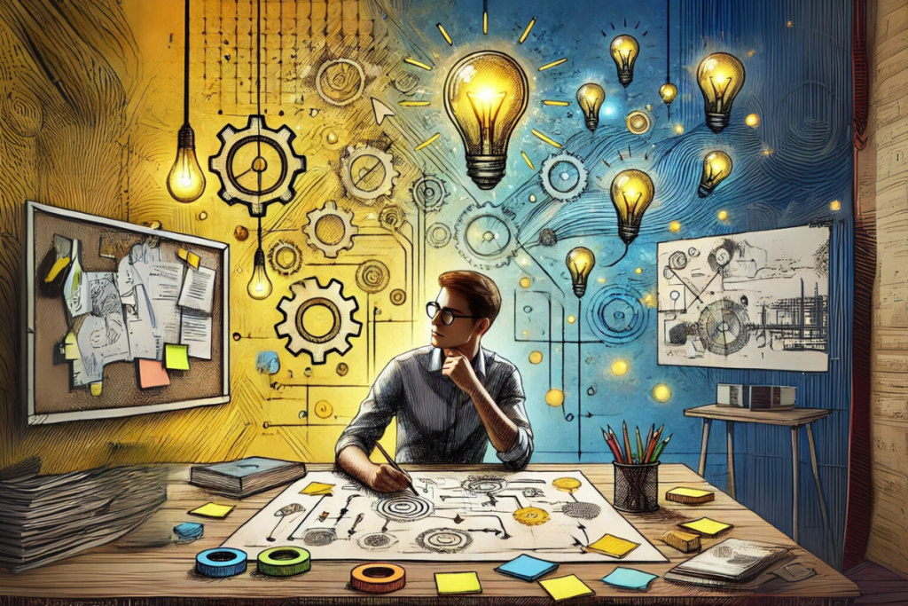 Vibrant sketched scene of a person working at a creative workspace, surrounded by symbols of innovation and emotional intelligence in yellow and blue tones.