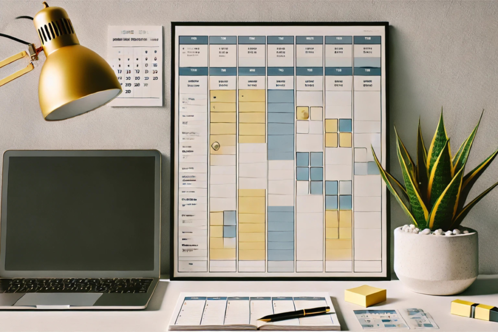 The picture shows a calendar with time blocked for different activities. Blocking time for high priority tasks is key for sound time management as well as increase your productivity.