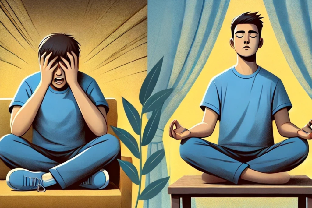 A young adult is frustrated and out of emotional ballance in the picture of the left while he is in equilibrium in the picture of the right doing meditation. The picture wants to illustrate that it is possible to acquire and master emotional intelligence learning key emotional skills.