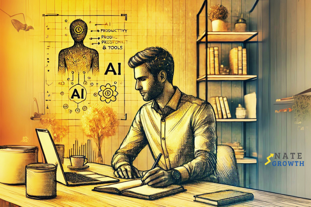 A sketched illustration of a modern workspace featuring a mid-forties professional, surrounded by elements of growth, productivity, and AI tools.
