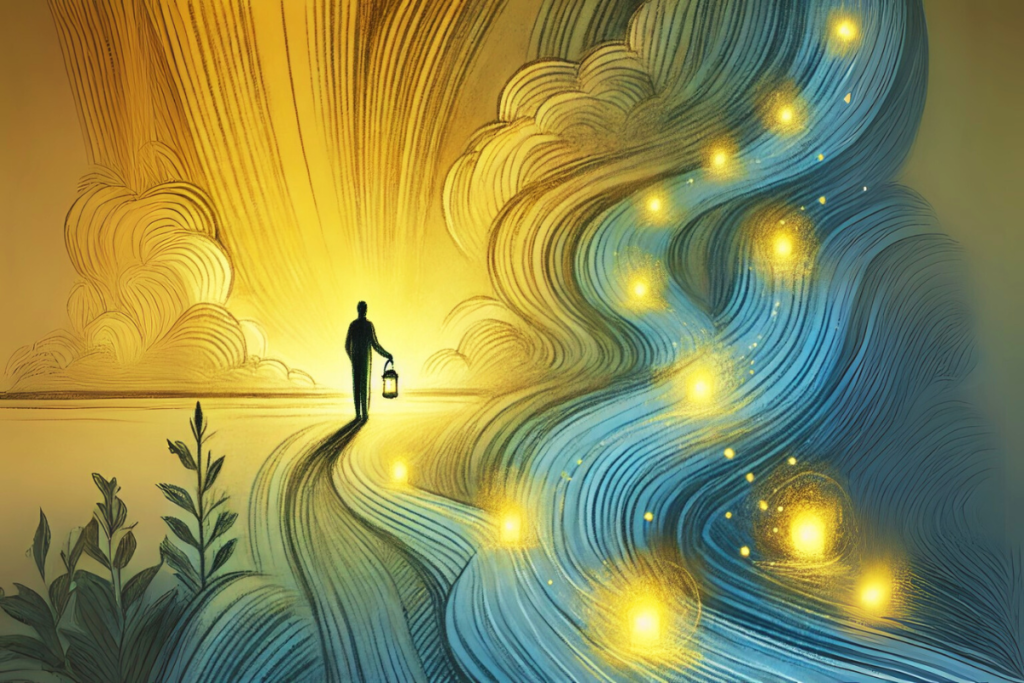 Calming image symbolizing navigating uncertainty with emotional intelligence. It features the described elements in harmonious yellow and blue tones, creating a serene and motivational atmosphere.