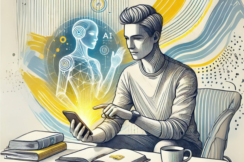 Image of a person using a smartphone to interact with an AI for learning and studying