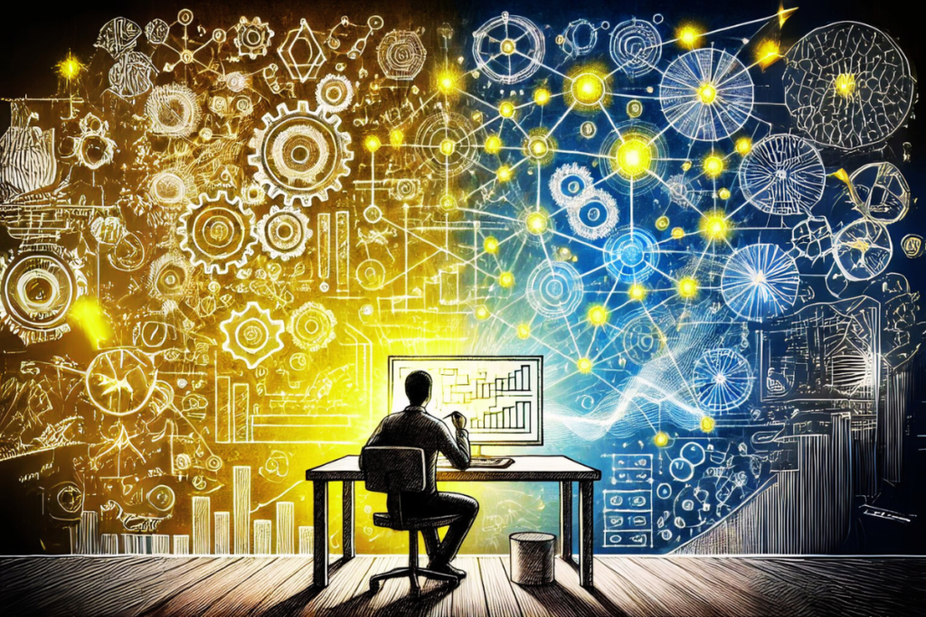 Visually dynamic sketched illustration symbolizing systems thinking and productivity.